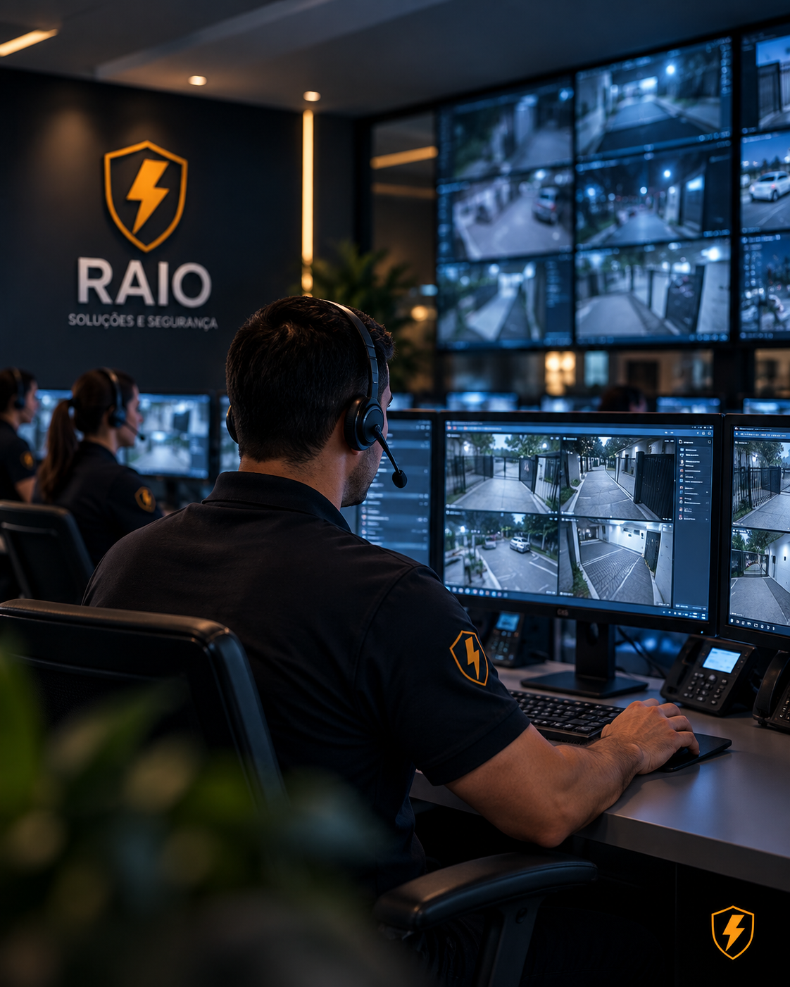 Operadores acompanhando câmeras e alarmes na central de monitoramento