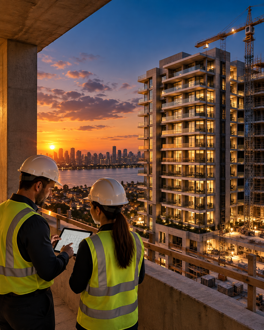 Profissionais em canteiro de obras analisando projeto de segurança em tablet