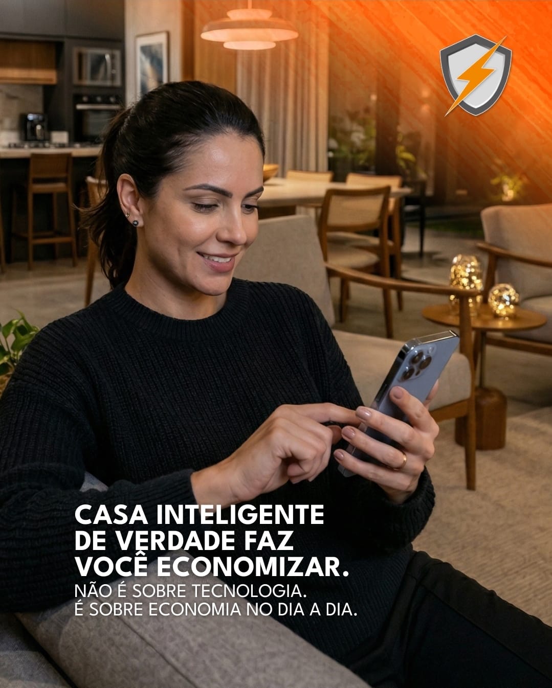 Mulher acessando o aplicativo Raio em casa, com controle de segurança residencial no celular